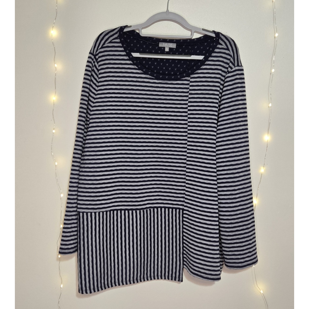 HABITAT Women's Asymmetrical Striped 3/4 Sleeve Top XL Navy Blue Gray Nautical